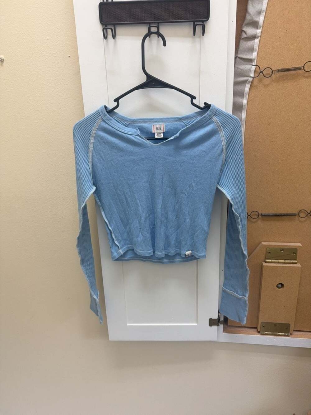BDG Light Blue Pointelle Waffle Knit Long Sleeve Crop Top Size M